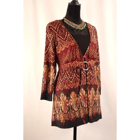 Dressbarn by women's Open Front Red & Gold Printed with Tie‎ Belt Size Medium - Picture 2 of 16